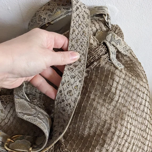 El Vaquero Beige Python Hobo Bucket Bag Purse Snakeskin Fishnet Linen - Picture 8 of 15